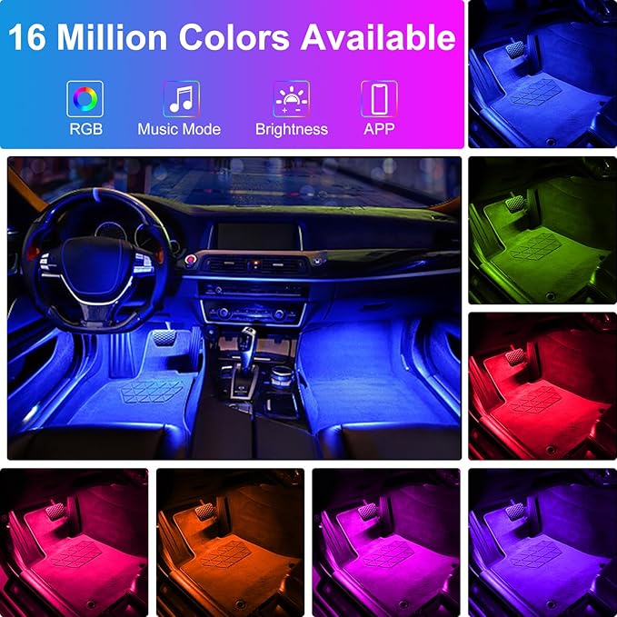 Hovano Car Interior LED Lights, APP Control with USB Port, RGB Color Change with Music Sync & DIY Mode, 48 LEDs Lights for Under Dash Running Board Truck