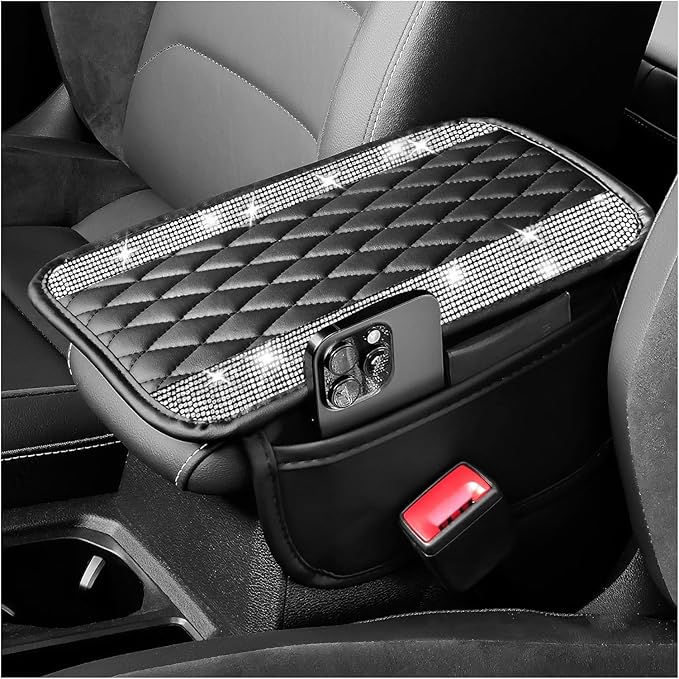 Car Center Console Cover with Diamond Grid Design,Bling Armrest Cover Cushion with 2 Storage Bags,Soft Leather Arm Rest Cover for Car Interior Accessories (Black + White)