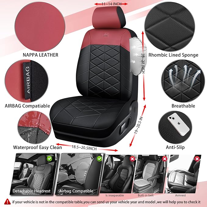 CAR PASS Nappa Leather Waterproof Car Seat Covers Two Front Seats, 3D Foam Automotive Seat Covers with Memory Foam, Universal Fit for Cars SUV Trucks Sedan, Airbag Compatible, Black Red Wine Burgundy