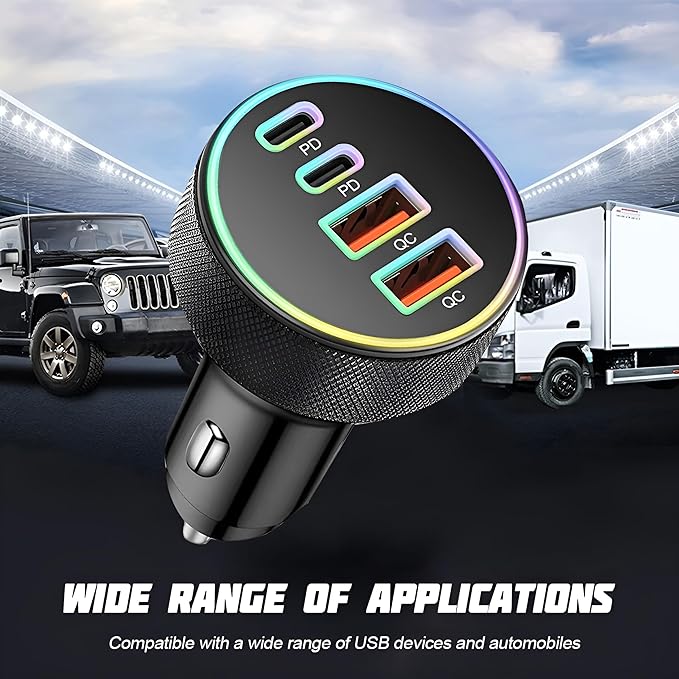 4 in 1 USB C Car Charger, 4-Port 90W PD QC Dual USB C & USB A Vehicle Fast Charging Cigarette Lighter Adapter, Multiport Auto Phone Charge Adapter, Fits 16 15 14 Pro Max Tablet (Black)