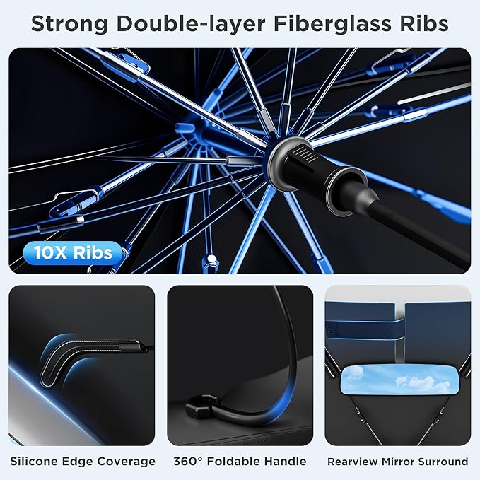 2026 Upgraded Windshield Sun Shade Umbrella [7-Layer Vinyl Coating Heat Shield] Foldable Front Window Sunshade Umbrella Flexible Handle Protect Interior from UV Keep Car Cooler (57" x 31")