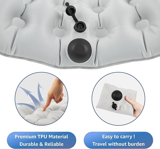 Lumbar Support Pillow, Inflatable Seat Cushion, Lightweight Car Back Cushion, Portable Chair Seat & Back Cushions for Office, Flight, Workplace, Gray Stadium Cushions with TPU