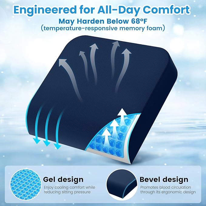 Wheelchair Seat Cushion - Cooling Gel & Memory Foam Office Chair Cushion with Non-Slip Bottom & Washable Cover, Ergonomic Car Seat Pillow for Sciatica, Tailbone, Back Comfort (Navy Blue)