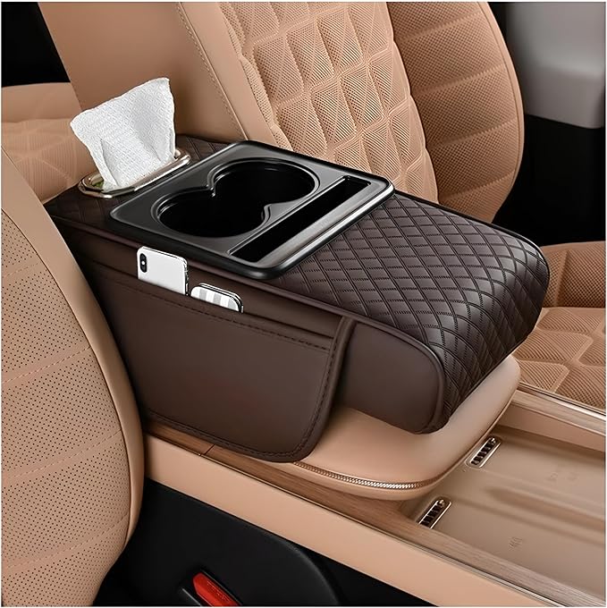 Zpana Car Center Console Armrest Pillow, Memory Foam Leather 4 in 1 Vehicle Arm Rest Cover with Tissue Box 2 Side Storage Bag Cup & Phone Holder, Auto Armrest Cushion, Universal Fit (Brown)
