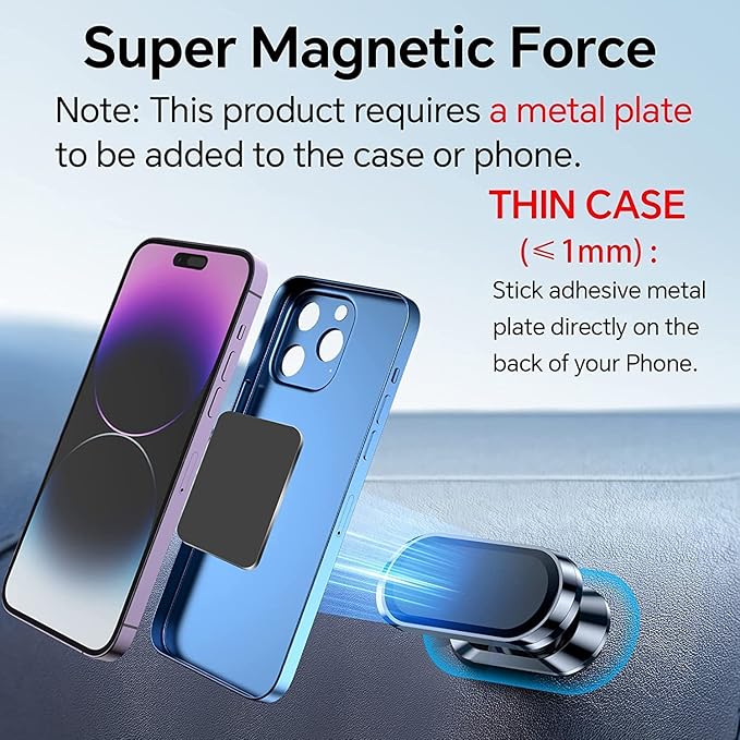【2-Pack】 Magnetic Phone Holder for car, [ Super Strong Magnet][ with 4 Metal Plate ] iPhone Magnetic CarMount for Cell Phone, [ 360° Rotation ] Universal Dashboard Adhesive Car Magnetic Phone Mount