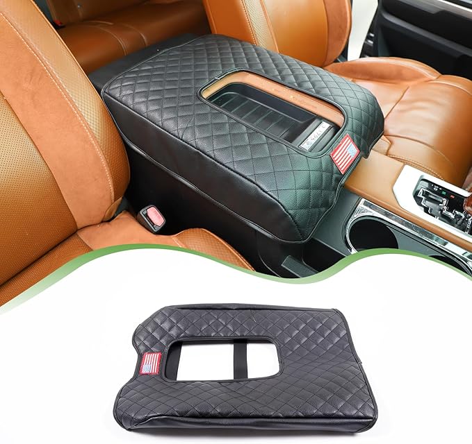 LLKUANG Car Center Console Armrest Cover Pad Fit for Toyota Tundra 2007-2021 Waterproof Leather Seat Armrest Box Cushion Pad Protector (Black + American Flag)