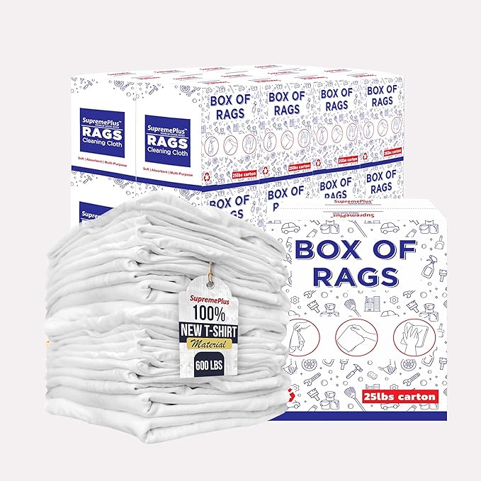 Premium New White Cotton Knit T-Shirt Rags (600 lbs. Pallet 24x25 lbs. Box of Rags) - Lint-Free, Soft & Absorbent Bulk Cleaning Cloths for Auto, Paint, Garage, Staining & Polishing