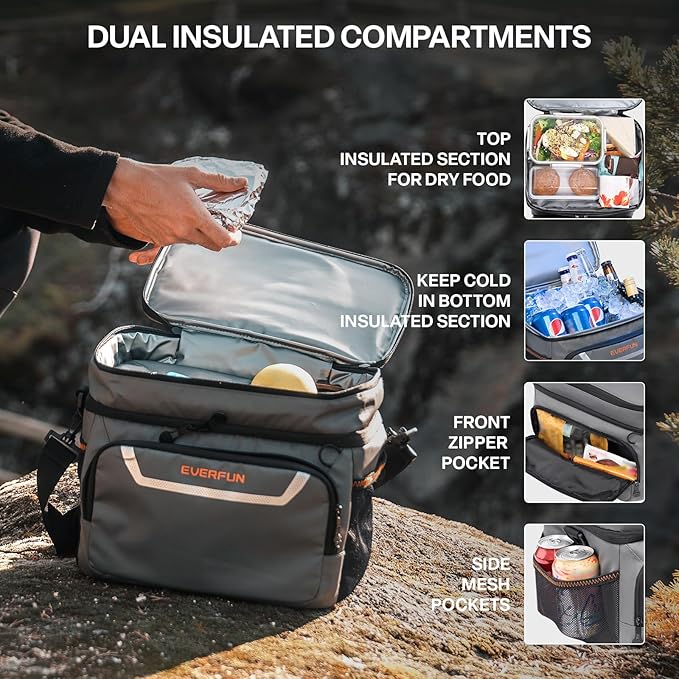 EVERFUN Small Cooler Bag 24/48 Can Insulated Lunch Box Double Deck Soft Leak-Proof Waterproof Collapsible Ice Chest for Men Women Work Travel Car Trip Picnic Beach
