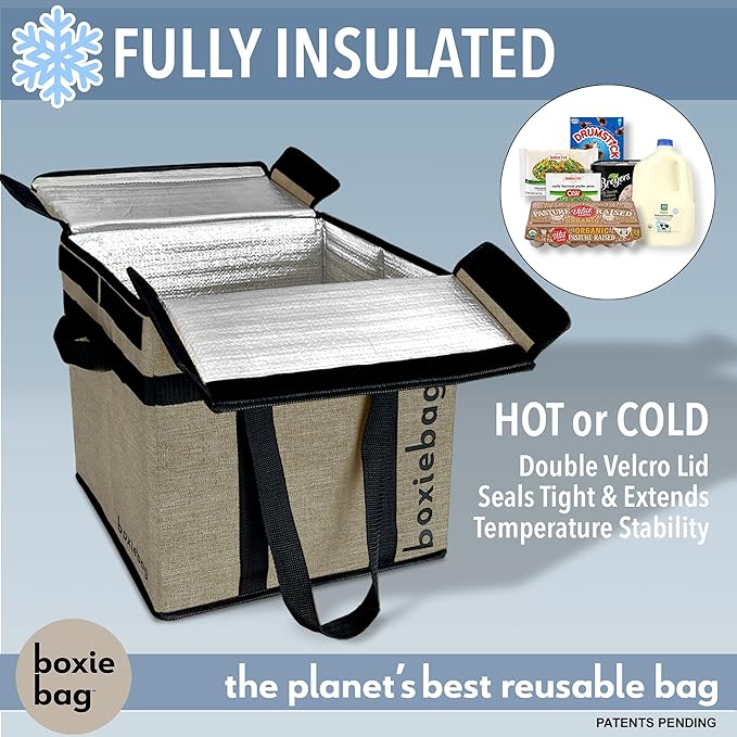 Reusable Grocery Bag (Single) – Durable Reusable Shopping Bag Box. Insulate, Stand Up, Stay Open, Fold Flat – Large Tote Bag with Long Handles & Reinforced Bottom. 2 Year Warranty.