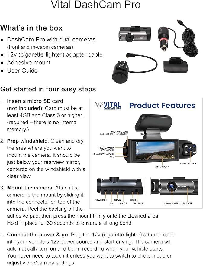 Vital Dash Camera Pro 2026 Dashcam Front and Rear Camera for Cars Dual Car Camera with Night Vision, G-Sensor 24/7 Parking Surveillance, Loop Recording, Wide Angle Easy Setup Vital Dash Cam Pro FHD
