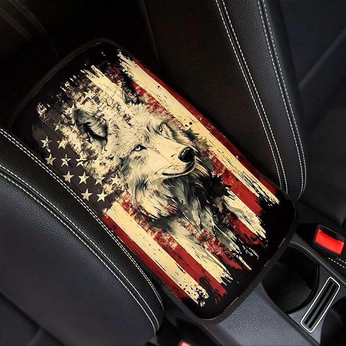 Wolf US Flag Print Car Center Console Armrest Cover,Armrest Cushion Cover Pad, Wolf Print Car Accessories Universal Fit