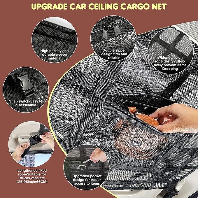 Car Ceiling Cargo Net Strong Load-Bearing Mesh Car Roof Storage Organizer Large Capacity Space Saving Car Ceiling Net Storage Bag Car Interior Accessories for SUV Truck Van