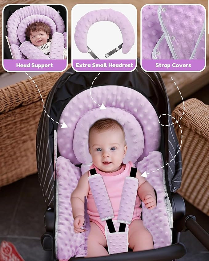 Infant Car Seat Insert with Removable Cushion for Baby Preemie Newborn Infant, Reversible carseat Insert Head Body Support Fits for Stroller, Baby Swing, Rocker, Bouncer, Bassinet - Purple