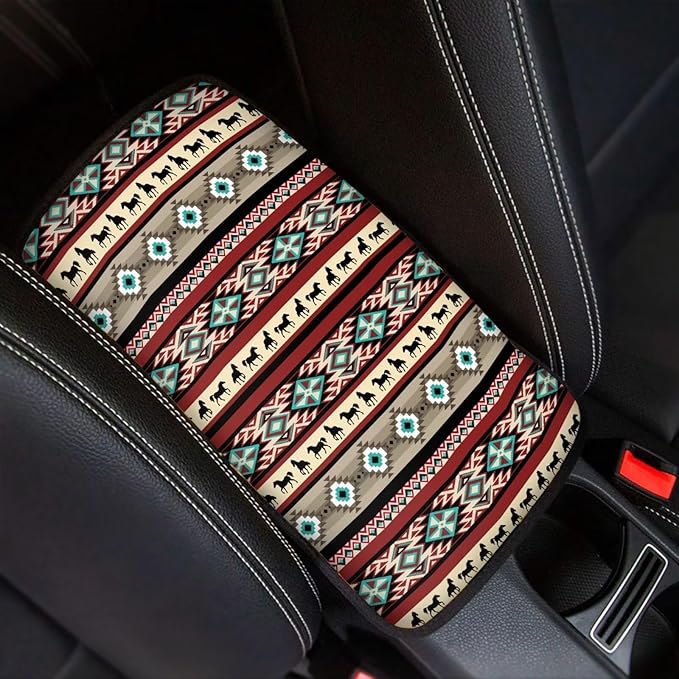 JoyLamoria Aztec Southwestern Horse Car Center Console Armrest Cover Non Slip Auto Arm Rest Cushion Pads Armrest Protector for Women