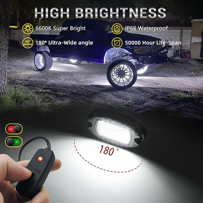 12 Pods Pure White LED Rock Lights with Power Swith Wiring Harness, Waterproof Rust Proof 6600K Super Bright Pure Lighting Aluminum Underglow Kit for Truck Trailer Pickup Offroad ATV UTV