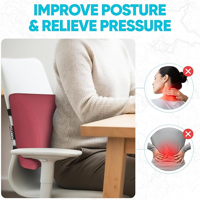 FORTEM Lumbar Support Pillow for Office Chair, Lumbar Support Pillow for Car, Back Rest for Gaming, Memory Foam Pillow, Desk Chair Cushion, Breathable & Washable Cover, Adjustable Straps