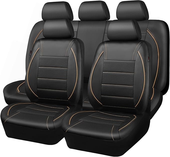 CAR PASS Universal FIT Piping Leather Car Seat Cover, for suvs,Van,Trucks,Airbag Compatible,Inside Zipper Design and Reserved Opening Holes (Full Set, Black and Beige)