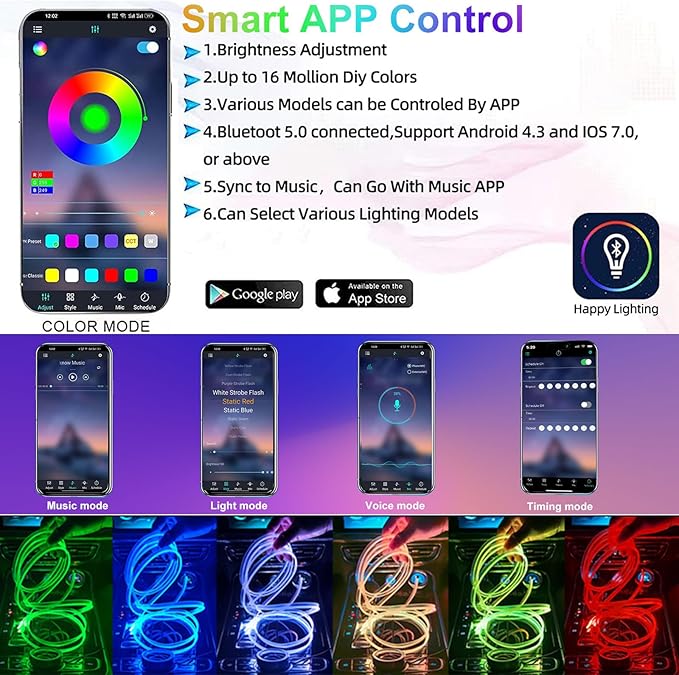 YUGUANG Interior Car Lights Strip APP Control, 5 in 1 Multicolor Music Sync RGB LED Car Ambient Lighting Kit with 236 inches Fiber Optic