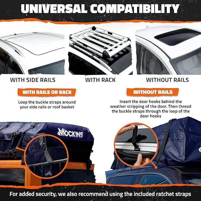 Mockins 30 Cu Ft Navy Car Rooftop Cargo Carrier Bag | 60"x43"x20" Weatherproof 500D Vinyl Car Roof Bag Cargo Carrier for Top of Vehicle | Vehicle Soft-Shell Carriers w/Roof Mat, Lock, Hooks & Straps