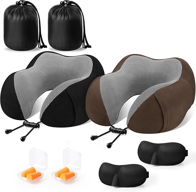 CloudBliss Travel Pillow Premium Memory Foam, Comfortable & Supportive Neck Pillow, Neck Pillows for Sleeping Travel, Airplane Pillow for Sleeping Airplane, Car, Office and Home（Black & Brown）