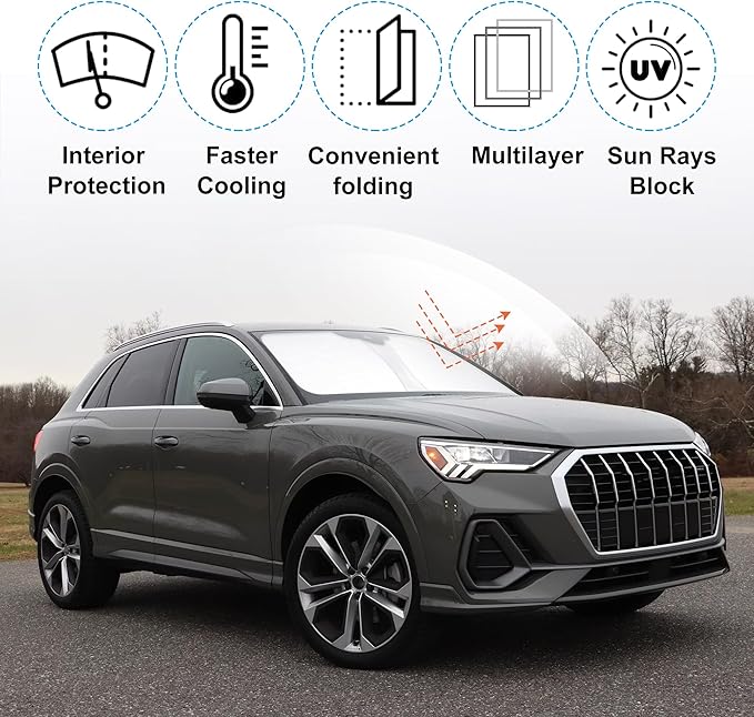 Windshield Sun Shade Custom Fit for 2019-2024 2025 2026 Audi Q3 Accessories Foldable Sunshade Sun Blocker Protect Car from Sun Rays & Heat Damage Keep Car Cooler