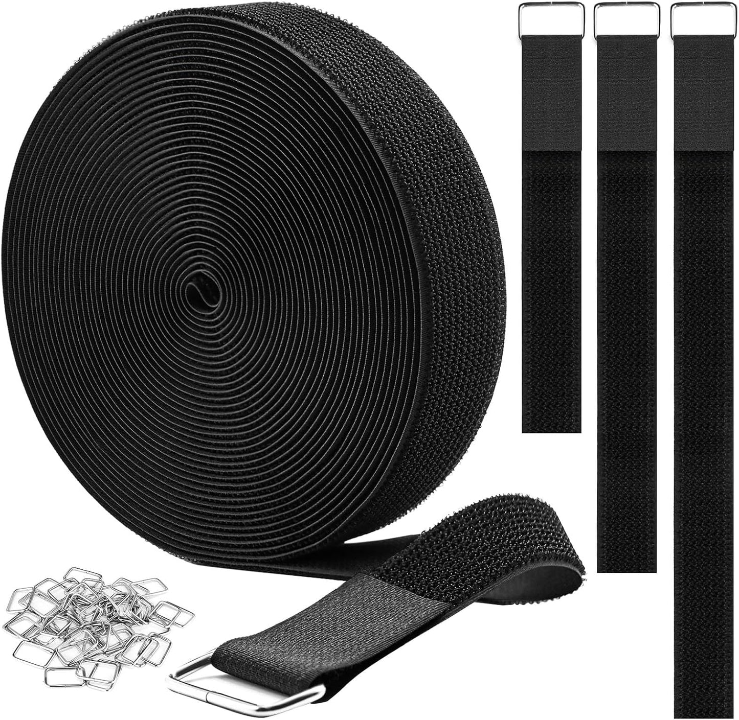 1.5"x32ft Hook and Loop Straps with 30 Metal Buckles, Adjustable Fastening Cable Straps, Cut-to-Length Cinch Strap, Reusable Nylon Securing Cord Ties for Organizer or Storage, Black