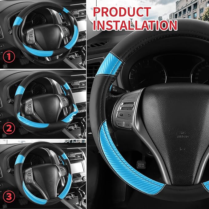 Non-Slip Car Nappa Leather Steering Wheel Cover,Universal Car Accessories Women Men Fit 14" 1/2-15" Suvs/Vans/Sedans/Cars/Trucks,Light Blue