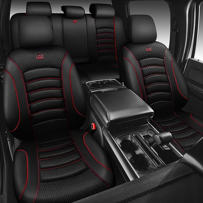CAR PASS Comfortable 3D Foam Mesh Leather Car Seat Covers Full Sets, Air Cool Mesh Breathable Seat Covers for Car, Universal 5 Seats Fit for SUV Truck Sedan Automotive, Airbag Compatible,Black Red