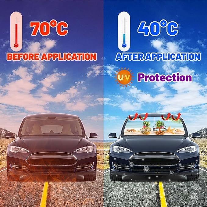 CHILL·TEK Funny Car Windshield Sun Shade Umbrella, Hawaiian Pineapple Car Sun Shade Umbrella, Block UV Rays Heat Foldable Windshield Umbrella Sun Visor Protector - Keep Vehicle Cool for Cars SUV