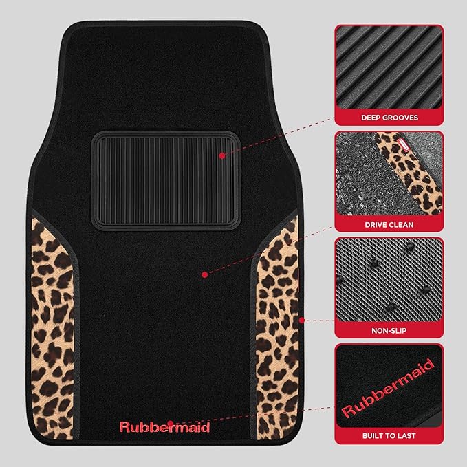 Rubbermaid Car Mats, Carpeted Floor Car Mat with Faux Leather & Built-in Heel Pad, Two-Tone Car Rug Floor Mats, Stylish Carpeted Floor Mats for Cars, Trucks & SUVs Leopard Patten Design