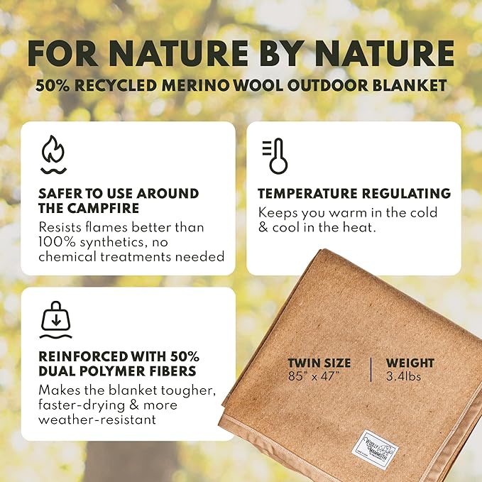 Woolly Mammoth Woolen Company Wool Blanket - 85 x 47 in, Sand, 50% Blended Wool Blankets - Backpacking & Cold-Weather Camp Throw - Stadiums, Hikes, Backyards - Emergency Wrap for Survival Kits