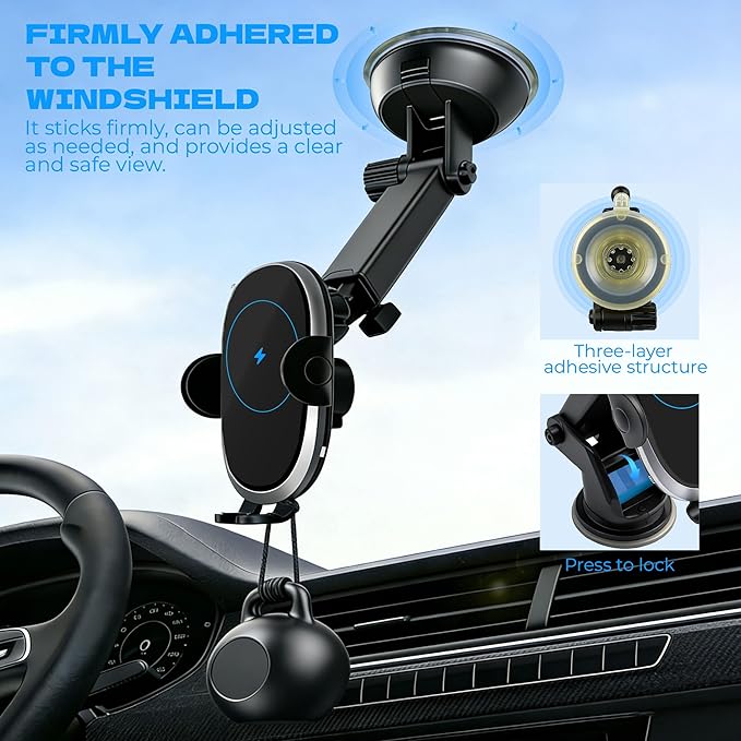 Wireless Car Charger Phone Holder Mount 15W Fast Charging, Auto Clamping with Smart Sensor, Dashboard & Windshield Car Phone Holder for iPhone for Google Samsung Android