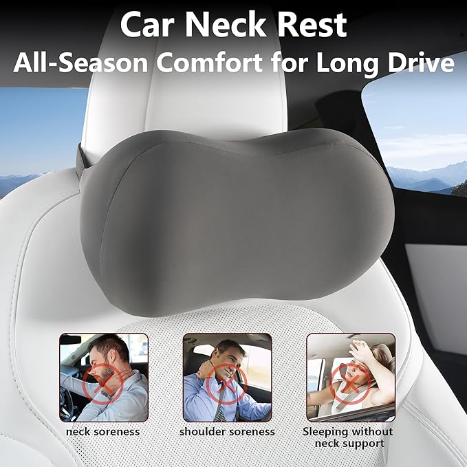 Car Headrest Pillow for Neck Support, Memory Foam Car Neck Pillow with Adjustable Strap, Ergonomic Neck Support Relieves Driving Fatigue (Grey)