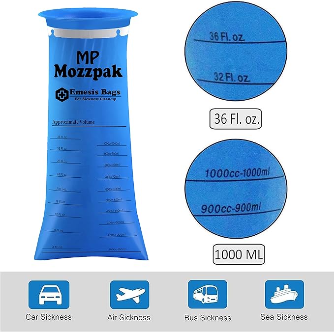 MP MOZZPAK Vomit Bags Disposable 35 Pack - 1000ml Emesis Bags, Leak-Proof Barf Bag, Travel Friendly Puke & Nausea Bag for Motion Sickness, Medical Grade Throw up Relief for Car