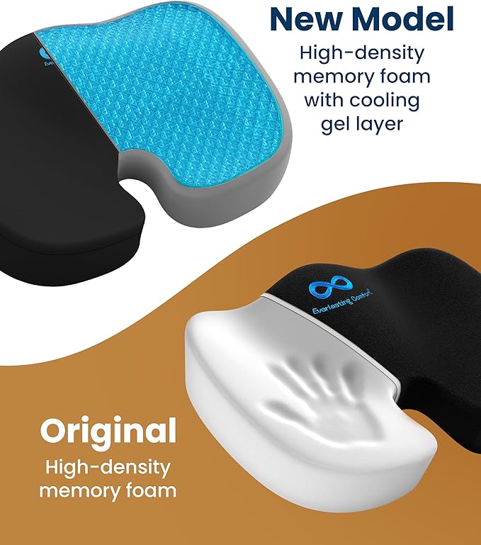 Everlasting Comfort Doctor Recommended Memory Foam Seat Cushion for Office Chairs & Car - Ergonomic Office Desk Accessories - Cushions for Tailbone Pain Relief, Sciatica (Black Cool, Large)