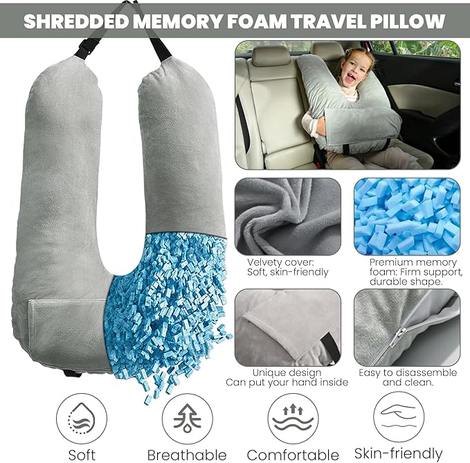 Travel Pillow, Car Pillow for Kids & Adults, Kid Travel Sleeping Pillows for Neck & Body Support, Car Travel Essentials Pillow on Road Trips, Gray