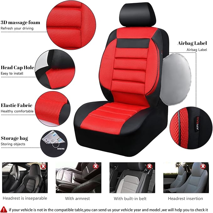 CAR PASS Leather 3D Foam Back Support Car Seat Covers Full Set Air Mesh Automotive Seat Covers, All Season Car Seat Cover Fit Automotive,SUV,Sedan,Van, Airbag Compatible Elegance (Black and Red)
