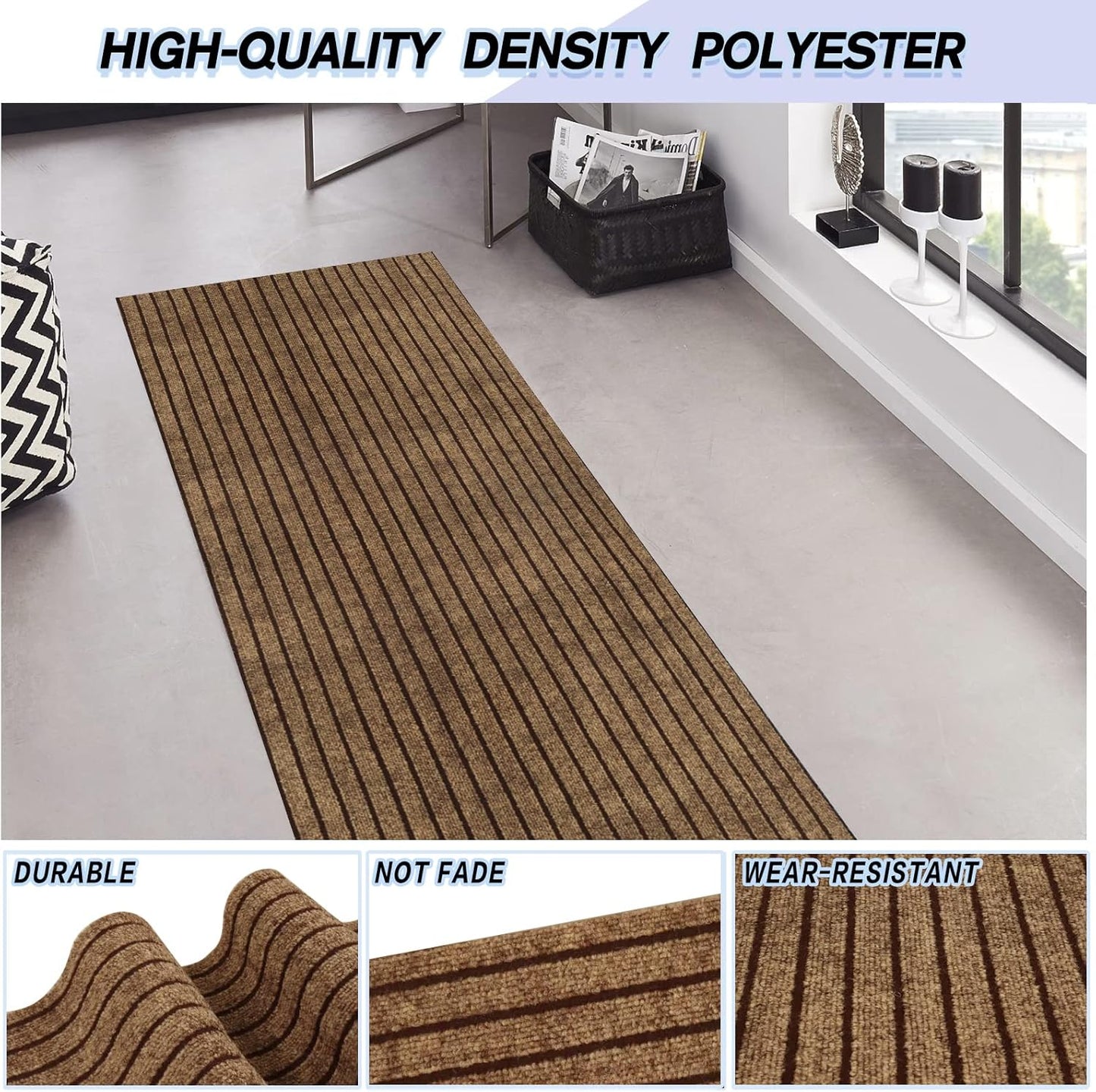 Custom Size Backed Non-Slip Area Rugs Runner, Easy Clean, Waterproof Runner Rugs for Hallway Entryway, Kitchen, Laundry, 3FT x 65FT, Brown Stripe