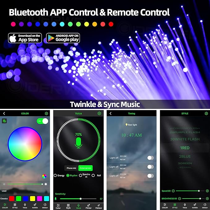 Twinkle Fiber Optic Lights,Bluetooth APP/Remote/Music Activate Starlight Headliner Kit with RGBW LED Light Engine,300pcs 9.8ft 0.03in Optic Fiber Cable for Car/Home/Party Star Light Ceiling