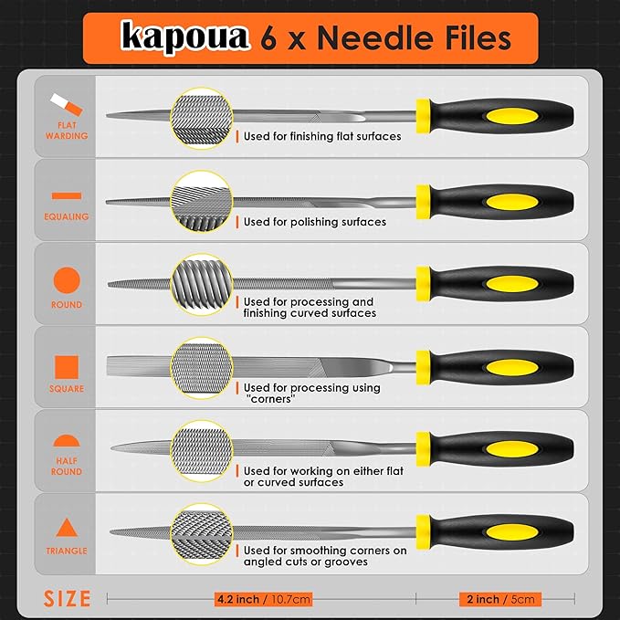 6-Piece Metal Needle File Set - Hardened Alloy Steel Includes Flat, Warding, Square, Triangular, Round, and Half-Round Files