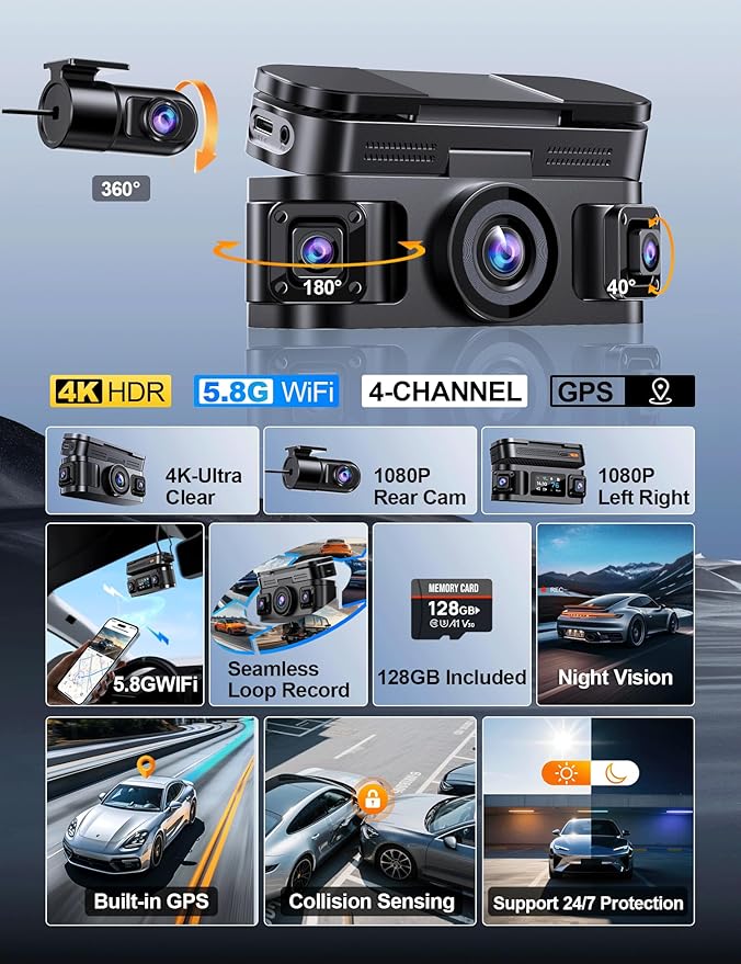 360° View 4K 4 Channel Dash Cam Front and Rear Inside Left Right, Built-in GPS, 5.8GHz WiFi, Car Dash Camera for Cars with App Connect, Support Parking Mode, G-Sensor, Free 128GB Card