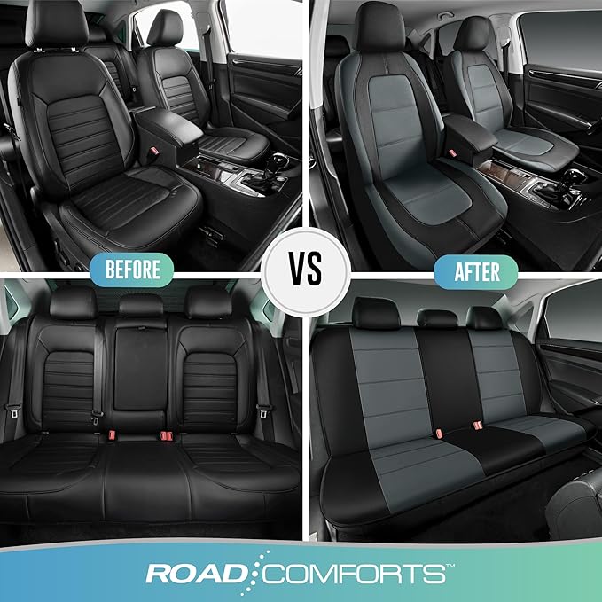 Road Comforts Car Seat Cover, Leather Car Seat Cover Full Set, Automotive Seat Covers, Airbag Compatible Universal Fit for Most Cars (Gray)