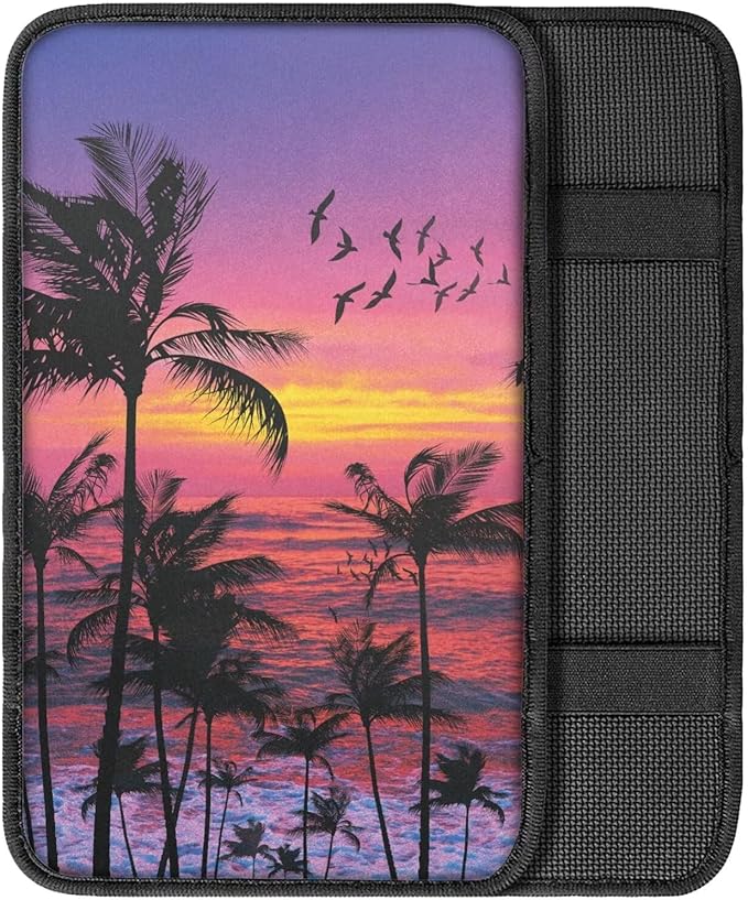 Dreaweet Sunset Palm Tree Print Arm Rest Cover for Car Women Purple Car Center Console Cushion Pad Hawaiian Car Accessories Universal Armrest Cover for SUV Sedan