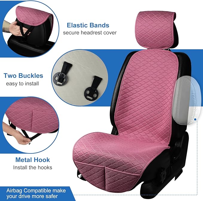Linen Car Seat Covers for Cars, Front Car Seat Cover Protectors with Storage Bags, Anti-Slip & Soft Automotive Seat Cushion Universal Fit for Most Sedan, SUVs, Vehicles (Pink)