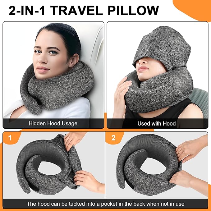 Travel Pillow - Hooded Neck Pillow Airplane Memory Foam Filling for Plane, Office, Cars Sleeping, Road Trip, Long Flights, Airplane Travel Essentials, Includes Eye Mask & Earplugs (Full Blue)