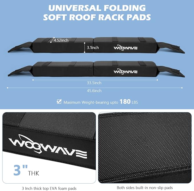 WOOWAVE Premium Kayak Roof Rack Pads Universal Car Soft Roof Rack Kayak Carrier for Canoe/Surfboard/Paddleboard/SUP/Snowboard with Tie Down Straps, Tie Down Rope, Quick Loop Strap and Storage Bag