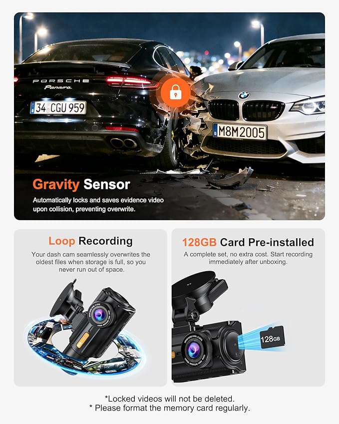 3 Channel 4K Dash Cam with STARVIS 2 Sensor, Free 128GB Card and WiFi 6 up to 20MB/s, Dash Camera for Cars with Front Rear Inside, 4K 2K 1080P, IR Night Vision, GPS, 24H Parking Mode, G-Sensor