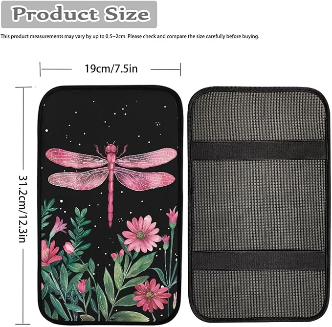 Flower Dragonfly Car Center Console Cushion Pad for Most Cars Soft Armrest Seat Box Cover, Waterproof Auto Armrest Cover Protector, Dragonfly Cars Interior Accessories