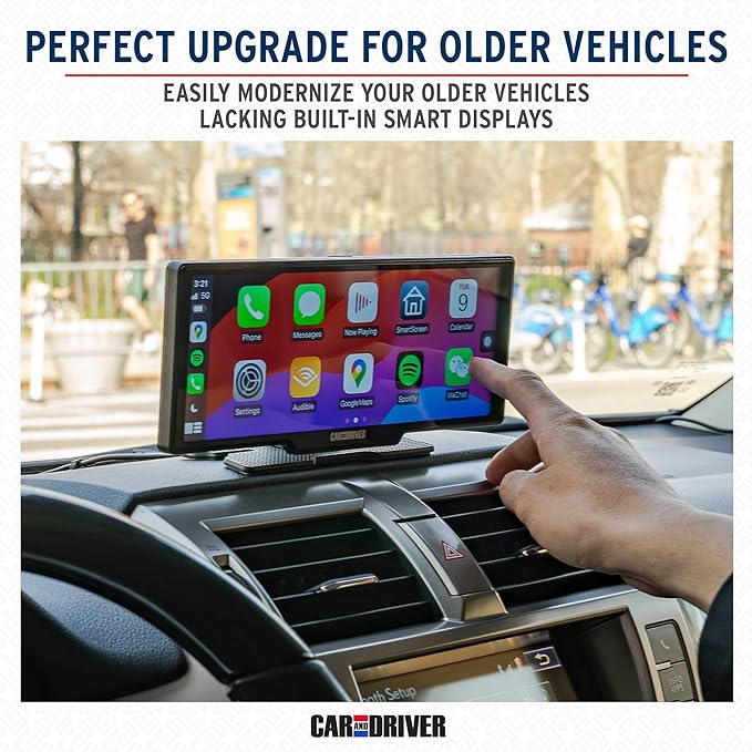 Car and Driver IntelliDash Pro X10, 10" Wireless Apple CarPlay & Android Auto Display, Portable Touchscreen Car Stereo w/Bluetooth, GPS Navigation, FM/AUX, Backup Camera Compatible for Cars & Trucks