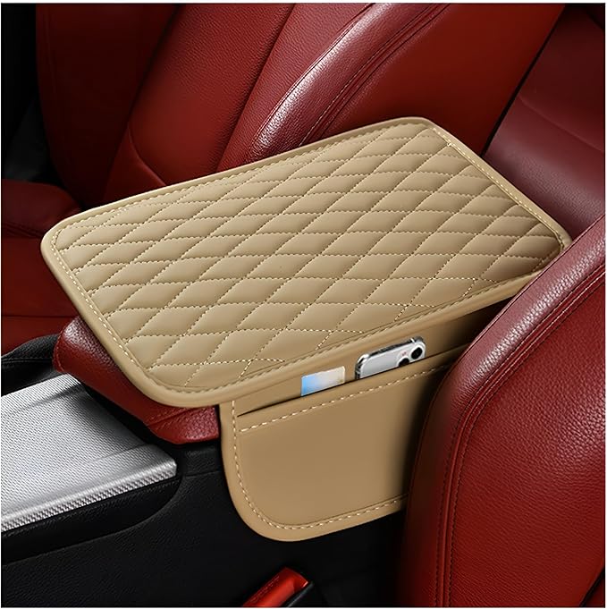 Car Center Console Cover, Leather Vehicle Armrest Seat Box Cushion Pad with Storage Bags, Waterproof Automotive Middle Console Protector, Universal for SUV RV Truck (Beige)